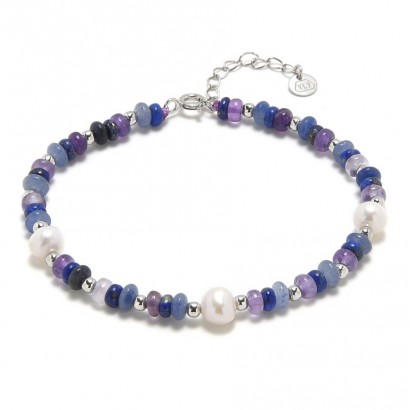 Minerální náramek přírodní Ametyst, Lapis lasuli, Aventurín a perla, stříbro AG925