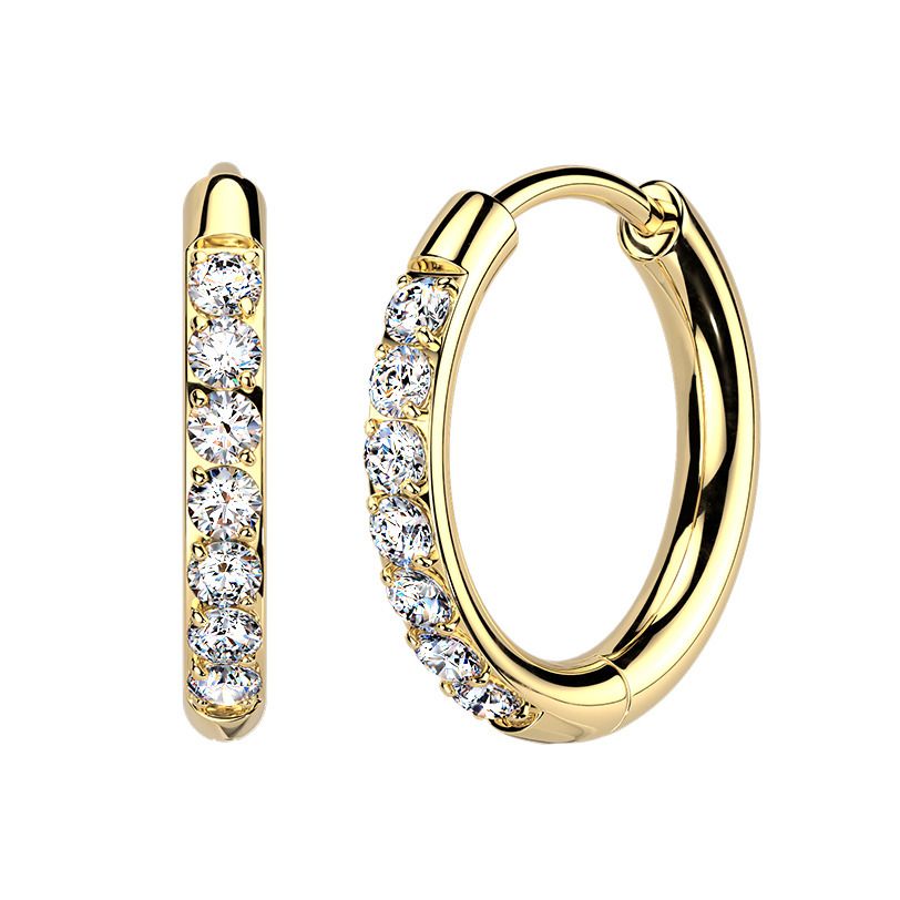 Zlacené titanové náušnice kroužky s moissanity, 14 mm - MOT1002-14