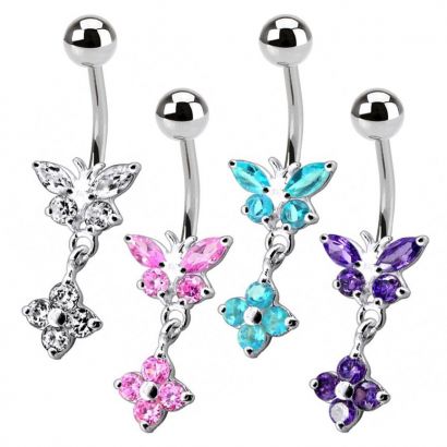 Stříbrný piercing do pupíku - motýlek s kytičkou