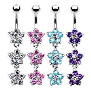Stříbrný piercing do pupíku - kytičky