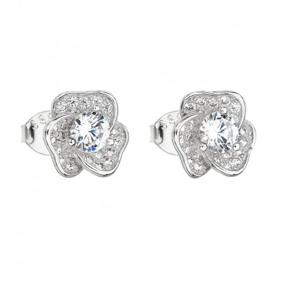 Stříbrné náušnice pecka se zirkonem bílá kytička 11145.1