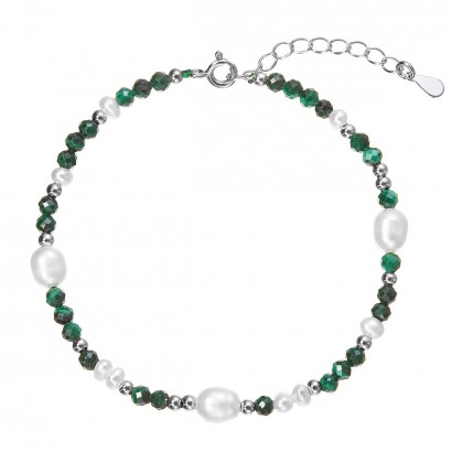 Stříbrný náramek s perlami a malachity 13113.3