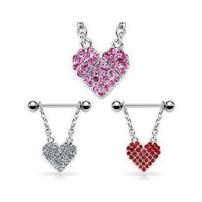 Piercing do bradavky chirurgická ocel se srdíčkem (růžová)