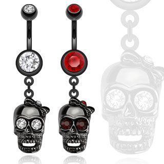 Piercing do pupíku černá lebka HWNSB1017 (červené)