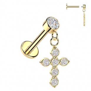 Zlacený piercing do ucha - labreta s křížkem, 1,2 x 6 mm