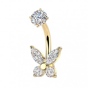 Zlacený ocelový piercing do pupíku motýlek