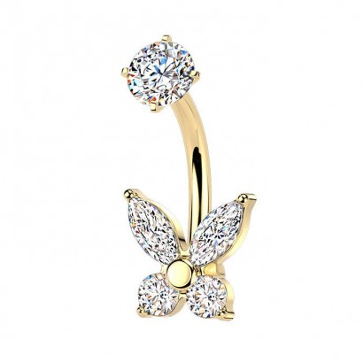 Zlacený ocelový piercing do pupíku motýlek
