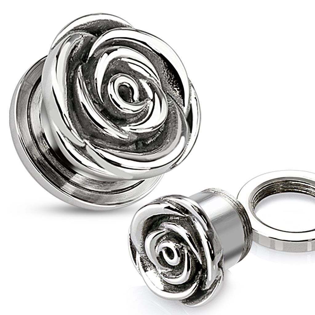 Ocelový plug do ucha květ růže HWPSZ63 (12 mm)