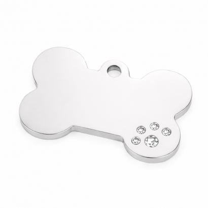 Ocelová psí známka - kost se zirkony vel. M