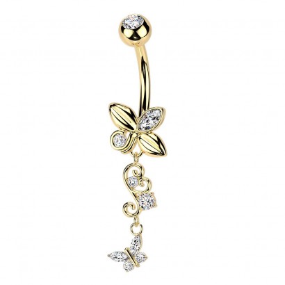 Zlacený visací piercing do pupíku s motýlky