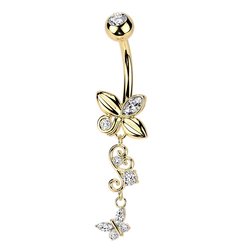 MARRE Zlacený visací piercing do pupíku s motýlky - WP0117-GD