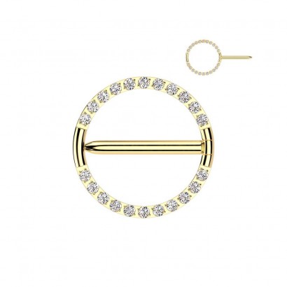 Zlacený titanový piercing do bradavky kruh se zirkony (1,6 x 12 mm)