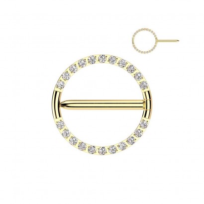 Zlacený titanový piercing do bradavky kruh se zirkony (1,6 x 14 mm)