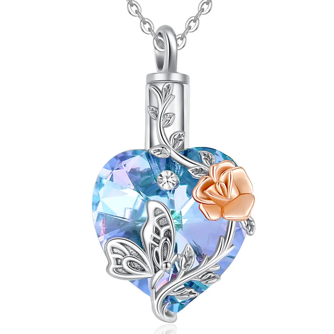 Stříbrný pietní náhrdelník - Fialové Swarovski srdce s růží a motýlem