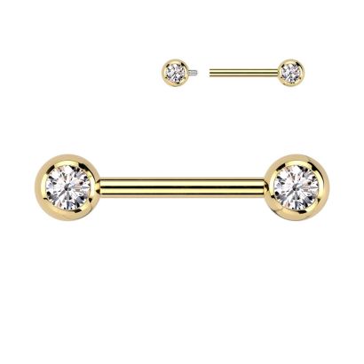 Zlacený piercing do bradavky TITAN, čiré zirkony