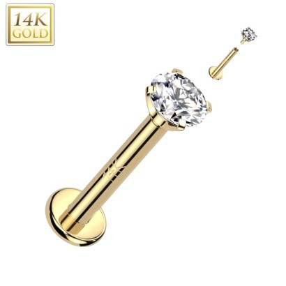 Zlatý piercing do brady - labreta zirkon 1,2 x 8 mm, Au 585/1000