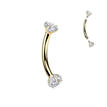Luxusní zlacený piercing do obočí s Moissanity 2 x 0.11 ct, TITAN (1,2 x 8 mm)