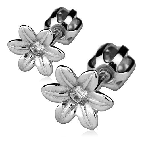 Stříbrné náušnice šroubovací - kytičky, čiré zirkony - ZB5349-C