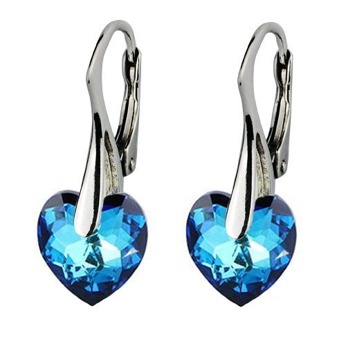 Stříbrné náušnice srdíčka s krystaly Crystals from Swarovski, Montana Blue