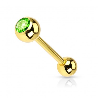 Pozlacený piercing do jazyku - kamínek (světle zelená)