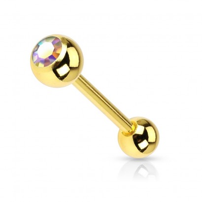 Pozlacený piercing do jazyku - kamínek (duhová)