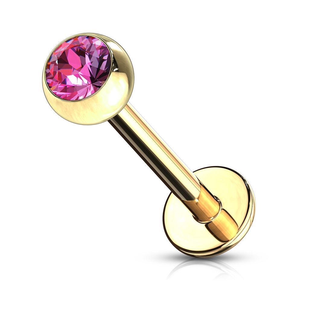 Levně Pozlacený piercing do brady - labreta (tmavě růžová, 3 mm, 1,2 x 8 mm)