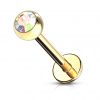 Pozlacený piercing do brady - labreta (světle zelená, 3 mm, 1,2 x 8 mm)