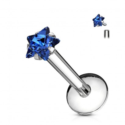 Piercing do brady labreta - hvězda 3 mm (modrá)