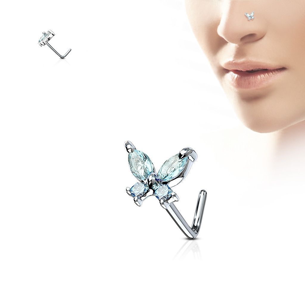 Zahnutý piercing do nosu - motýlek (tyrkysová) - N0082-Q