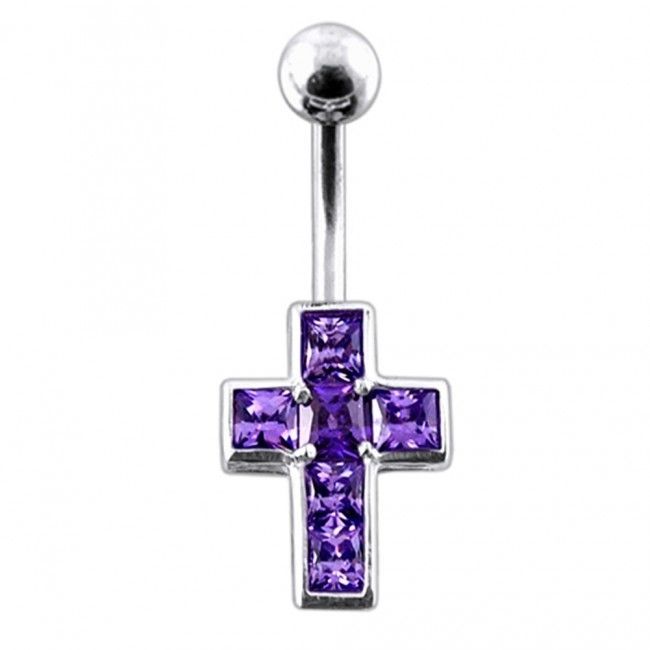Stříbrný piercing do pupíku - křížek (fialová) - BP01015-A