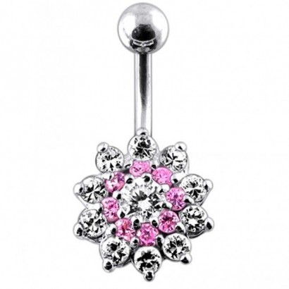 Stříbrný piercing do pupíku - kytička (čirá/růžová)