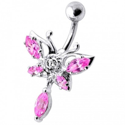 Stříbrný piercing do pupíku - motýl (růžová)