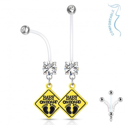 Těhotenský piercing do pupíku - baby on board (čirá)