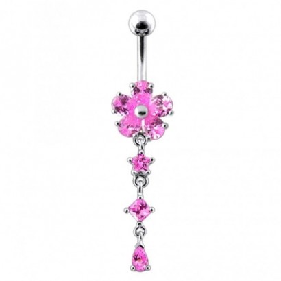 Stříbrný piercing do pupíku - kytička (růžová)