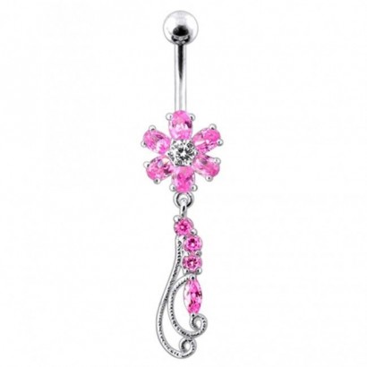 Stříbrný piercing do pupíku - kytička (růžová)