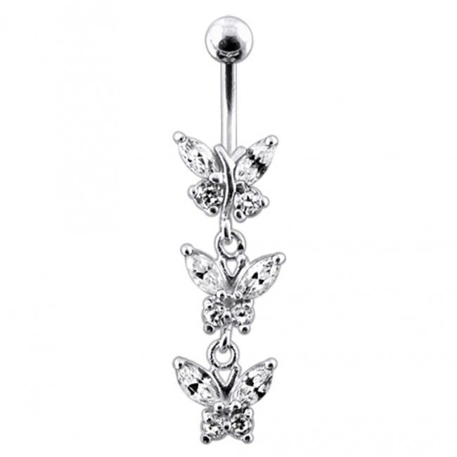 Levně S4U Stříbrný piercing do pupíku s motýlky (čirá) - BP01122-C
