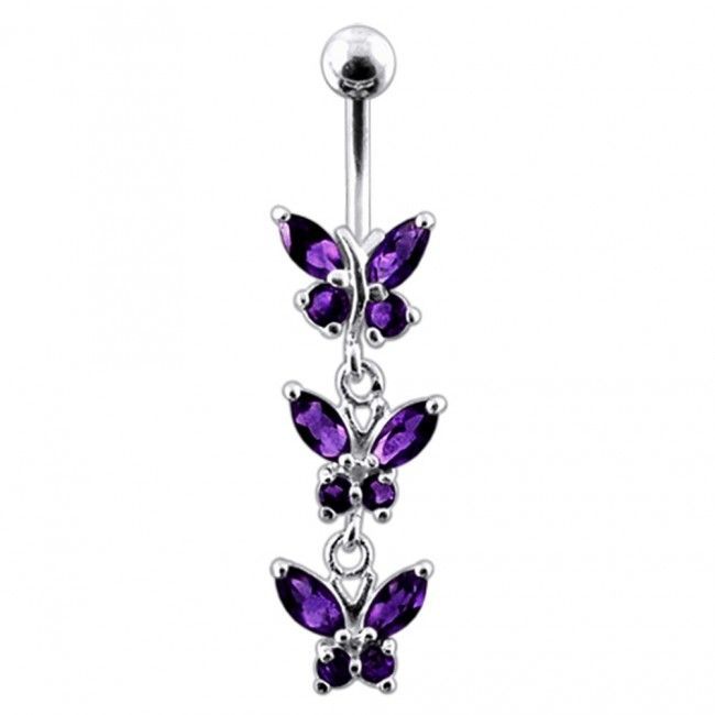 Levně S4U Stříbrný piercing do pupíku s motýlky (fialová) - BP01122-A