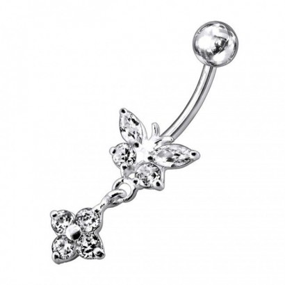 Stříbrný piercing do pupíku - motýlek s kytičkou (čirá)