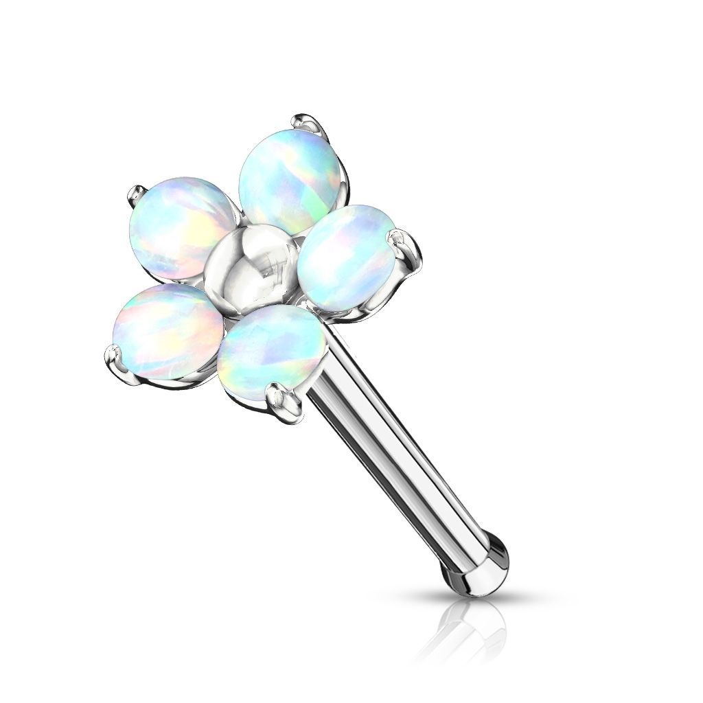 Levně Piercing do nosu - kytička s opály (bílá)