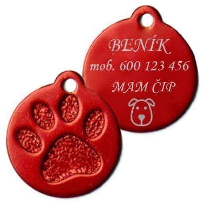 Hliníková psí známka tlapka malá (červená)