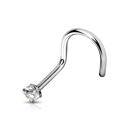 Zahnutý piercing do nosu - titan, čirý kamínek (čirá, 2,5 mm, 1,0 x 6 mm)