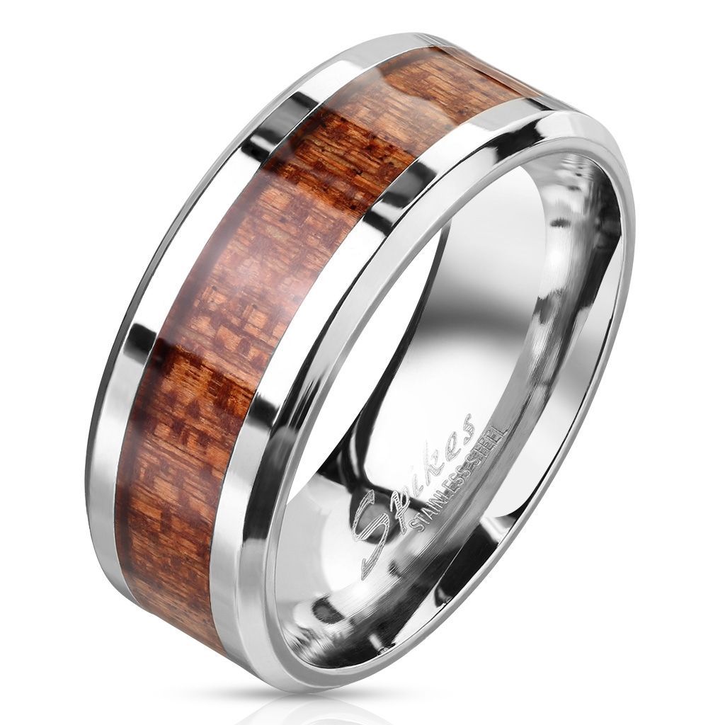 Levně S4U Pánský ocelový prsten dekor dřevo (55) - OPR1837-55