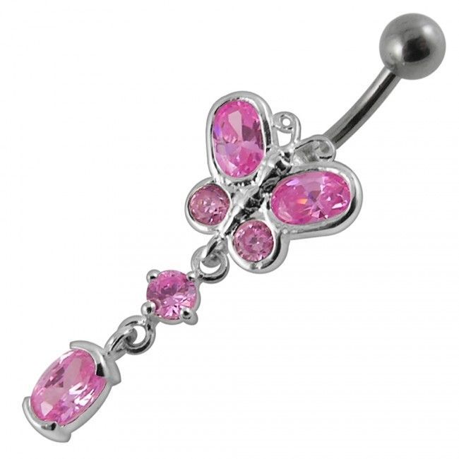 S4U Stříbrný piercing do pupíku - motýlek (růžová) - BP01272-P