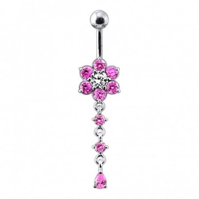Stříbrný piercing do pupíku - kytička (růžová)