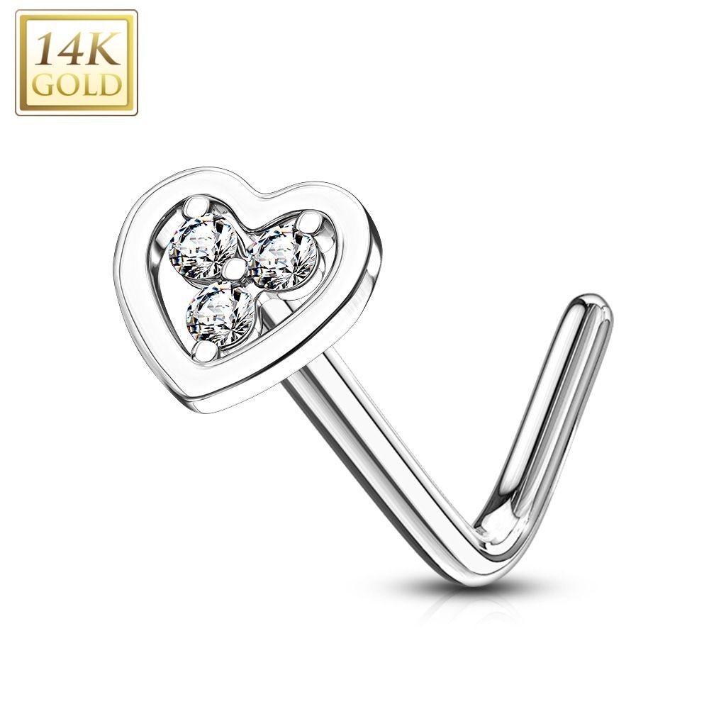 Levně Zlatý piercing do nosu srdíčko - čiré zirkony, Au 585/1000 - ZL01194C-WG