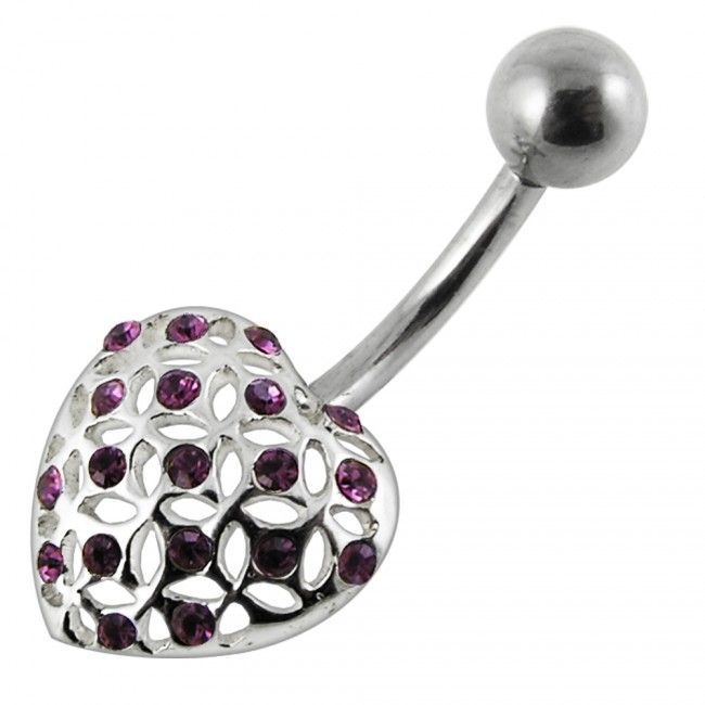 Levně S4U Stříbrný piercing do pupíku - srdíčko (fialová) - BP01175-A