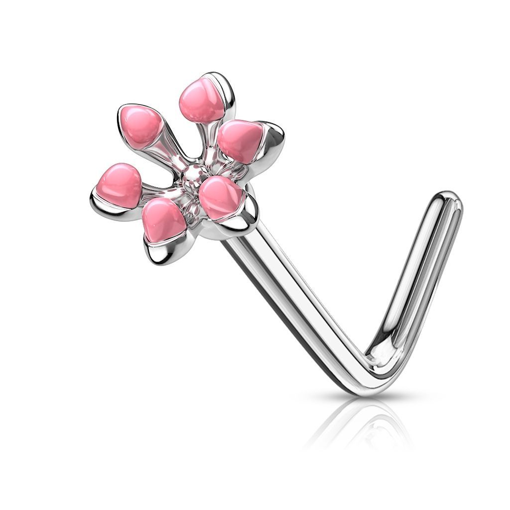 Levně Zahnutý piercing do nosu kytička (růžová)