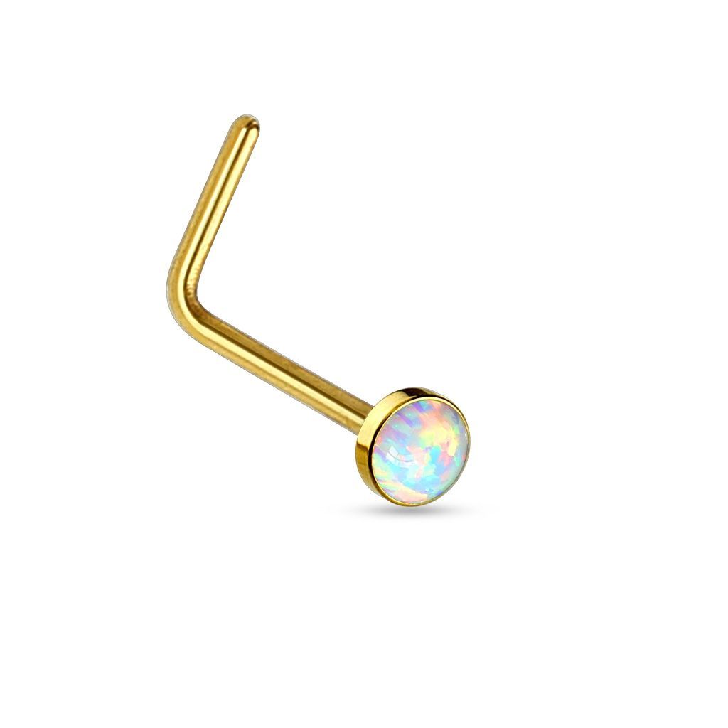 Levně Zlacený zahnutý piercing do nosu - opál - N0013