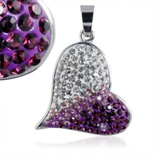 Ocelový přívěsek srdce - čiré a fialové krystaly