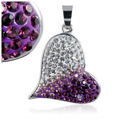 Ocelový přívěsek srdce - čiré a fialové krystaly